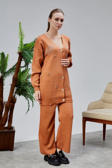 Kadın Triko Takım Taşlı Standart Beden Tarçın