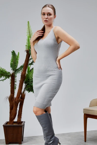 Kadın Triko Takım Delikli Kazak ve Askılı Elbise Standart Beden Gri - 5