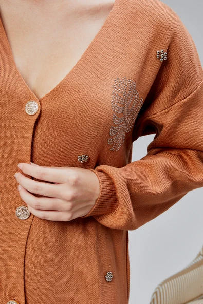 Kadın Triko Takım Taşlı Standart Beden Tarçın - 5