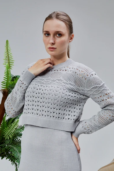 Kadın Triko Takım Delikli Kazak ve Askılı Elbise Standart Beden Gri - 4