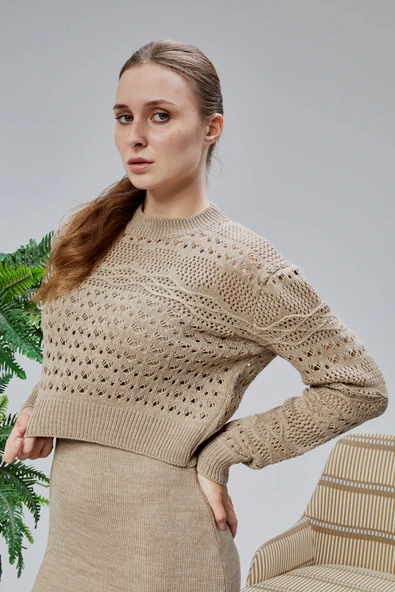 Kadın Triko Takım Delikli Kazak ve Askılı Elbise Standart Beden Vizon - 7