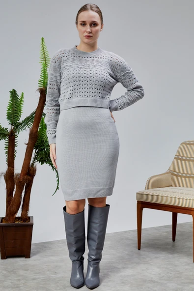 Kadın Triko Takım Delikli Kazak ve Askılı Elbise Standart Beden Gri - 11