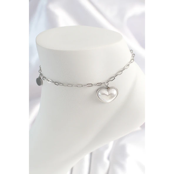 316L Çelik Gümüş Renk Zincir Model 3D Kalp Beyaz Kalp Figür Kadın HalHal EB-53-vice/(1395) 0318 ürün görseli 1