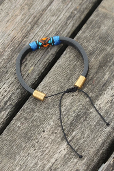 Mavi İpli Etnik Desenli Kadın Deri Bileklik - 2