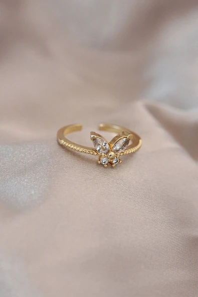 Ayarlamalı Altın Renk Metal Zirkon Taş ve Kristal Taşlı Kelebek Model Yüzük ürün görseli