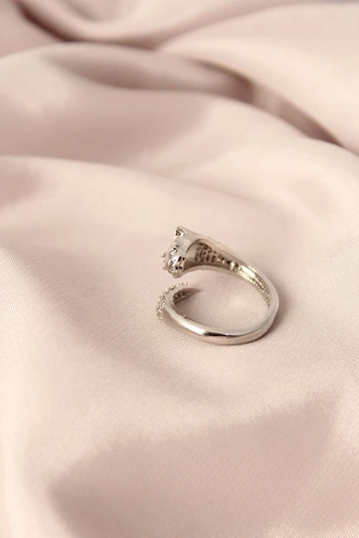 Gümüş Renk Metal Zirkon Taşlı Kaplan Model Ayarlanabilir Kadın Yüzük - 2