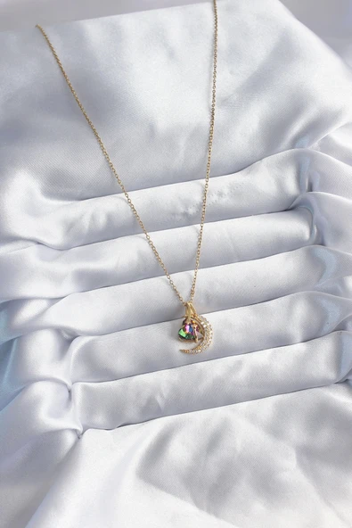 316L Çelik Zincir Gold Renk Zirkon Taşlı Hilal Kristal Kalp Model Kadın Kolye - Resim 2