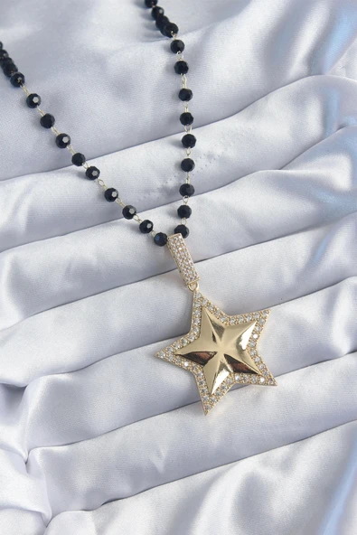 Gold Renk Siyah Boncuk Zirkon Taşlı Yıldız Model VİP Seri Kadın Kolye ürün görseli