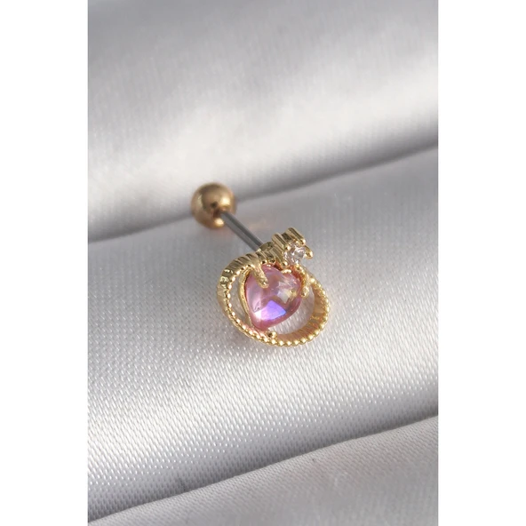 Gold Renk 316 L Çelik  Pembe Mineli Kalp Zirkon Taş Detay Tragus Piercing