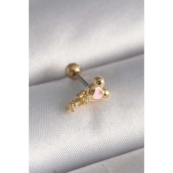 Gold Renk 316 L Çelik  Zirkon Taş Detay Pembe Kalp İşleme Tragus Piercing