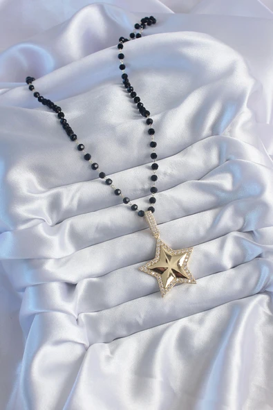 Gold Renk Siyah Boncuk Zirkon Taşlı Yıldız Model VİP Seri Kadın Kolye - Resim 2
