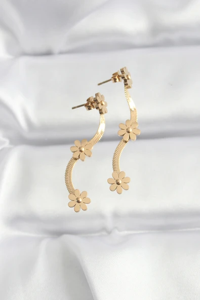 316L Çelik Gold Renk İtalyan Zincir Papatya Küpe - Resim 2