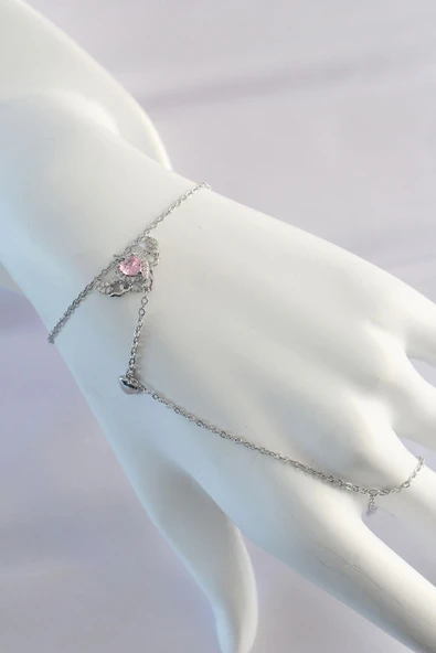 316L Çelik Gümüş Renk Pembe Zirkon Taşlı Kanatlı Kalp Model Şahmeran - 4