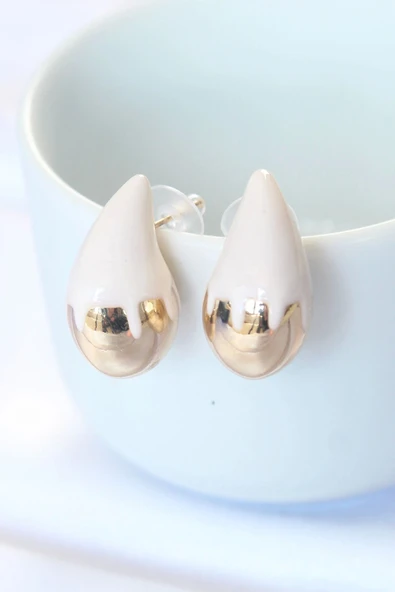 Minimal Beyaz Mineli Çift Renk Damla Küpe ürün görseli