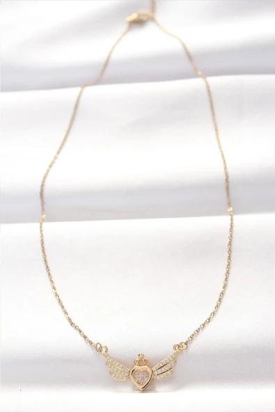 316L Çelik Gold Renk Zirkon Taşlı Kalpli Kanat Kolye - Resim 2