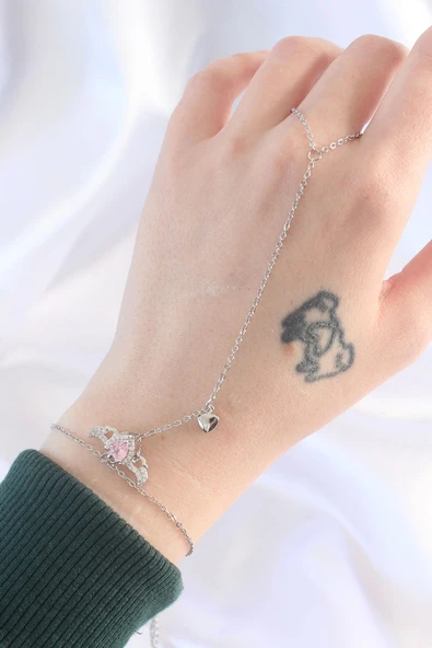 316L Çelik Gümüş Renk Pembe Zirkon Taşlı Kanatlı Kalp Model Şahmeran - 6