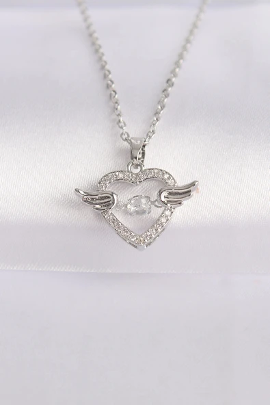 316L Çelik Zincir Gümüş Renk Zirkon Taşlı Kanatlı Kalp Kolye ürün görseli