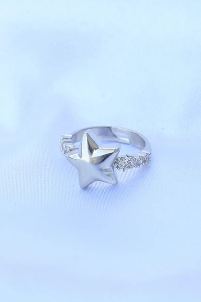 Pirinç Gümüş Renk Ayarlanabilir Zirkon Taşlı Yıldız Yüzük - 2