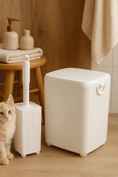 Lines Serisi Beyaz 2'li Banyo Seti, Akrilik Kare 5 Litre Çöp Kovası, Tuvalet Fırçası Takımı 3460 - 4