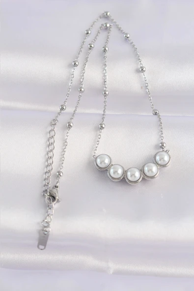 316L Çelik Zincir Gümüş Renk Sıralı İnci Taşlı Kolye - Resim 2