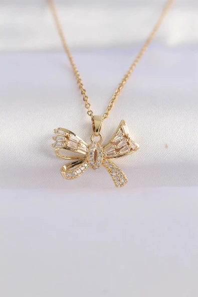 316L Çelik Zincir Altın Renk Zirkon Taşlı Fiyonk Kolye ürün görseli