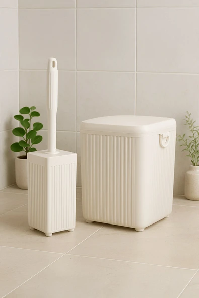 Lines Serisi Beyaz 2'li Banyo Seti, Akrilik Kare 5 Litre Çöp Kovası, Tuvalet Fırçası Takımı 3460 - 5
