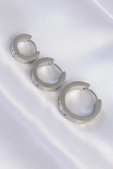 316L Çelik Gümüş Renk Zirkon Taşlı Model 3lü Halka Küpe - Resim 2