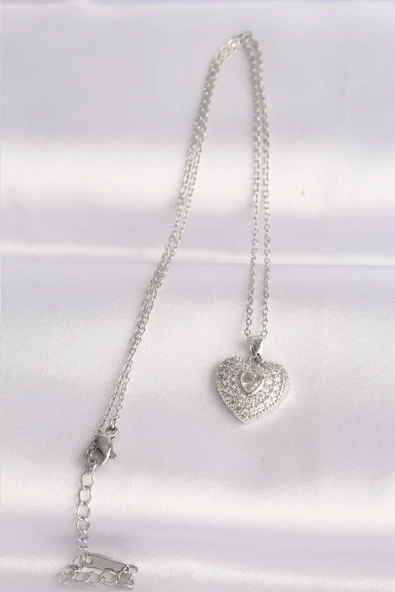 316L Çelik Zincir Gümüş Renk Zirkon Taşlı Kalp Kolye - Resim 2