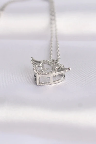 316L Çelik Zincir Gümüş Renk Zirkon Taşlı Kanatlı Kalp Kolye - Resim 3