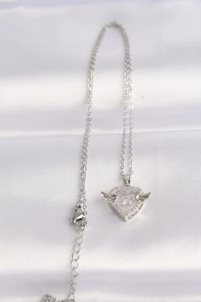 316L Çelik Zincir Gümüş Renk Zirkon Taşlı Kanatlı Kalp Kolye - Resim 2