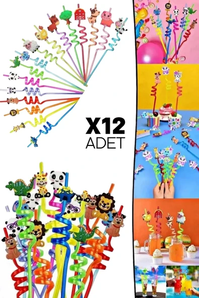 Tilbe Home 12 Adet Figürlü Pipet Sevimli Hayvan ve Meyve Figürlü Pipet Parti Çocuk Meşrubat Pipeti ürün görseli 1