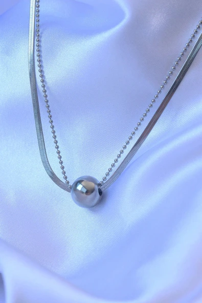 316L Çelik Çift Zincirli Gümüş Renk Topçuk İtalyan Model Kolye - Resim 2