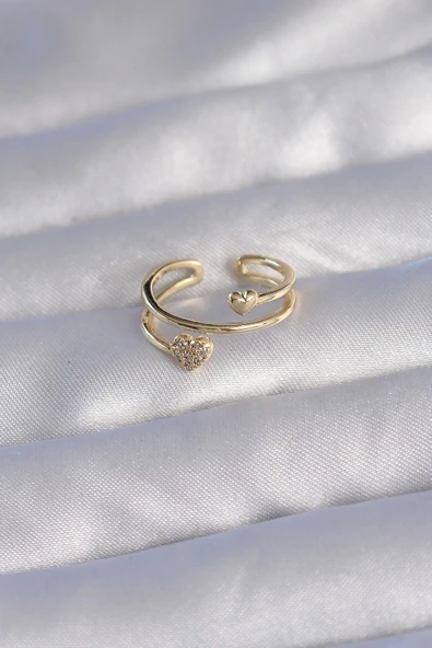 Pirinç Gold Renk Zirkon Taşlı Kalpli Model Ayarlanabilir Yüzük - 2