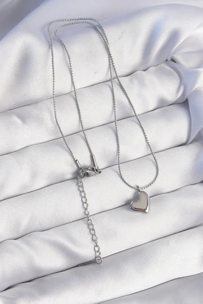 316L Çelik Gümüş Renk Minimal Kalp Tasarımlı Kolye - Resim 2