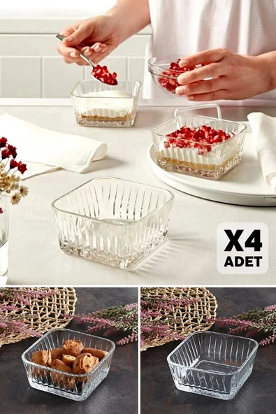 Tilbe Home 4'lü Kare Cam Kase Seti Kahvaltılık Saklama Kabı 225cc Mutfak Çerezlik Sosluk Cam Kase Seti