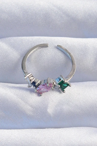 Pirinç Gümüş Renk Renkli Zirkon Taşlı Ayarlanabilir Yüzük - 2