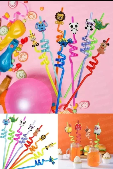 Tilbe Home 12 Adet Figürlü Pipet Sevimli Hayvan ve Meyve Figürlü Pipet Parti Çocuk Meşrubat Pipeti - Resim 2