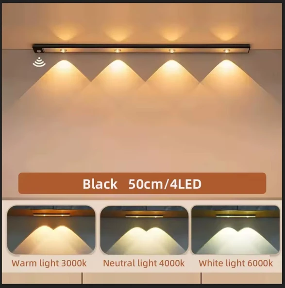 SİYAH RENK 4 LED 50 CM HAREKET SENSÖRLÜ LED IŞIK TEZGAH ALTI OFİS EV LED LAMBA - Resim 3