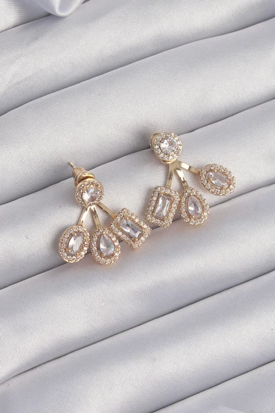 Pirinç Gold Renk Zirkon Taşlı Geometrik Model Küpe ürün görseli