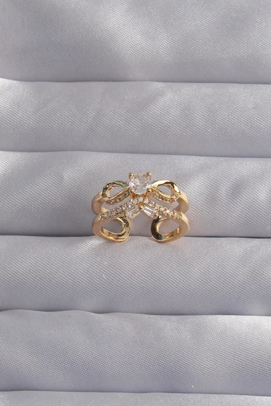 Pirinç Ayarlamalı Gold Renk Zirkon Taşlı 2li Görünüm Fiyonk Yüzük ürün görseli