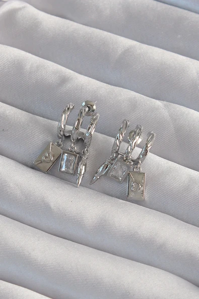 Pirinç Gümüş Renk Zirkon Taşlı Çoklu Aksesuarlı Yarım Halka Kaburga Küpe ürün görseli