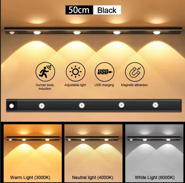 SİYAH RENK 4 LED 50 CM HAREKET SENSÖRLÜ LED IŞIK TEZGAH ALTI OFİS EV LED LAMBA - Resim 2