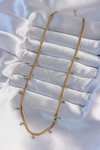 316L Çelik Gold Renk Baget Taşlı İtalyan Zincir Kolye - Resim 2