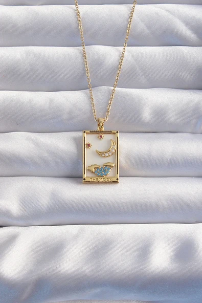 316L Çelik Zincir Gold Renk Ay Detay Mavi Zirkon Taşlı Tarot Kolye ürün görseli
