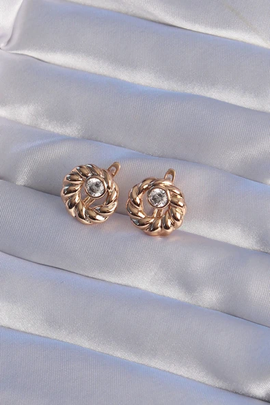 XUPİNG Rose Renk Oval Zirkon Taşlı Burgu Model Küpe - Resim 2