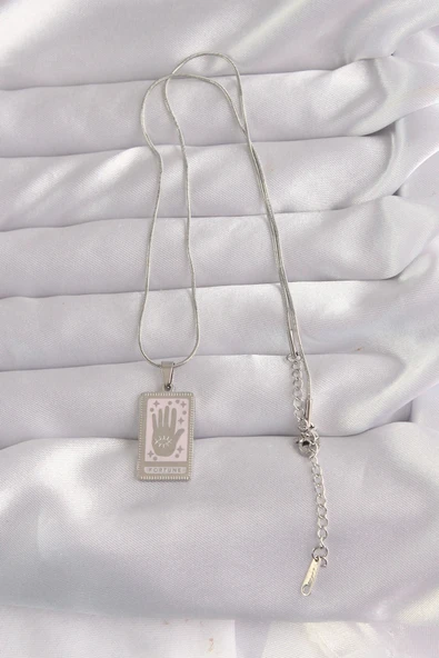 316L Çelik Gümüş Renk Pembe Mineli El Figür Tarot Kolye - Resim 2