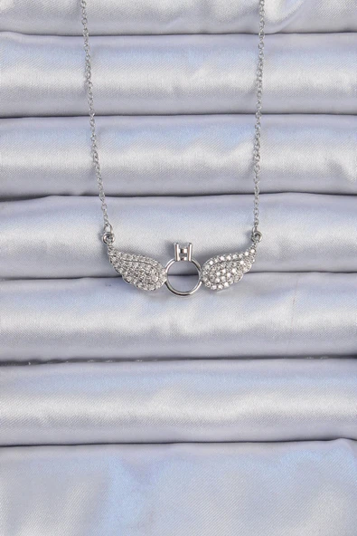 316L Çelik Zincir Gümüş Renk Kanatlı Tektaş Kolye ürün görseli