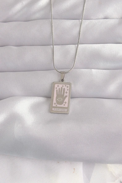 316L Çelik Gümüş Renk Pembe Mineli El Figür Tarot Kolye ürün görseli