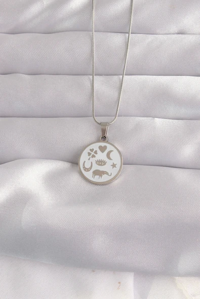 316L Çelik Gümüş Renk Beyaz Mineli Karışık Figürlü Tarot Kolye ürün görseli