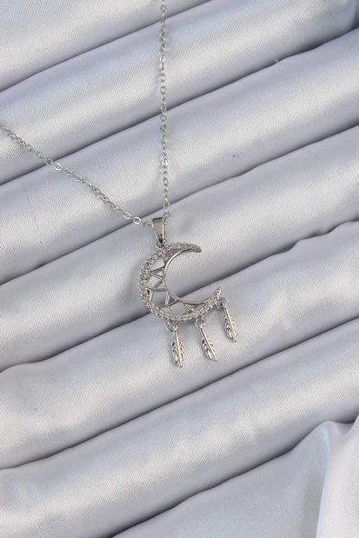 316L Çelik Zincir Gümüş Renk İşlemeli Zirkon Taşlı Ay Kolye ürün görseli 1